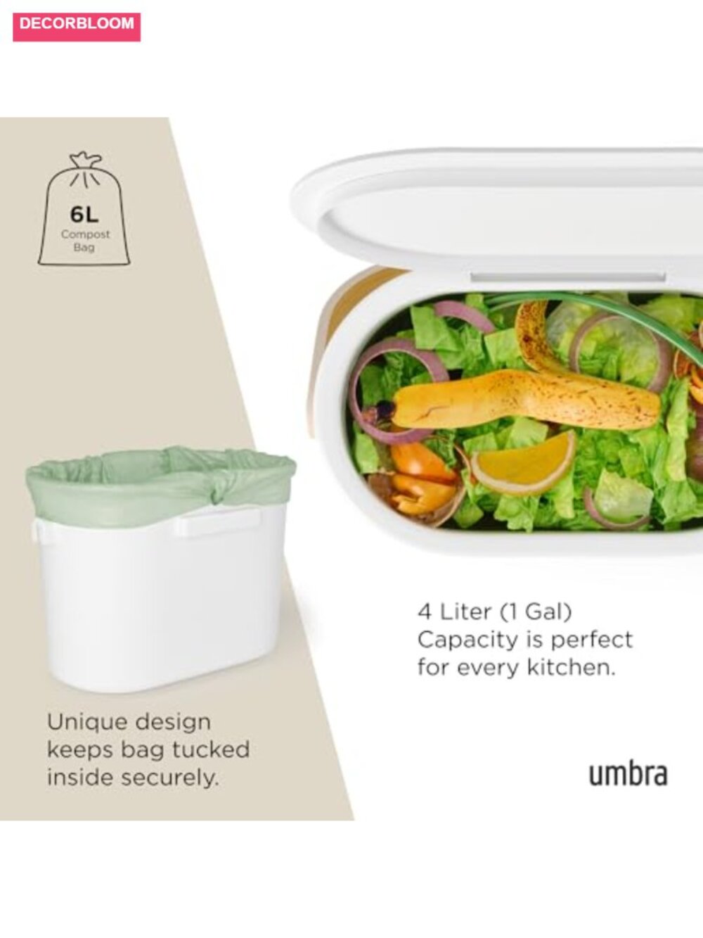 Countertop Compost Bin with Wooden Handle, BPA-Free, 4L - Picture 4 of 5